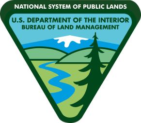 National System Of Public Lands logo, a drawing that shows 3 green pine trees, 2 black flying birds and a simulation of a forest