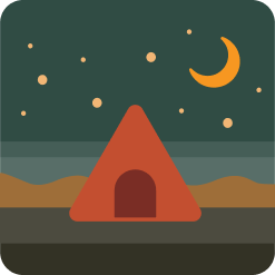 a drawing showing a triangular red tent on a starry sky and a crescent moon