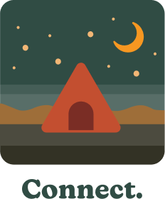 a drawing showing a triangular red tent on a starry sky and a crescent moon